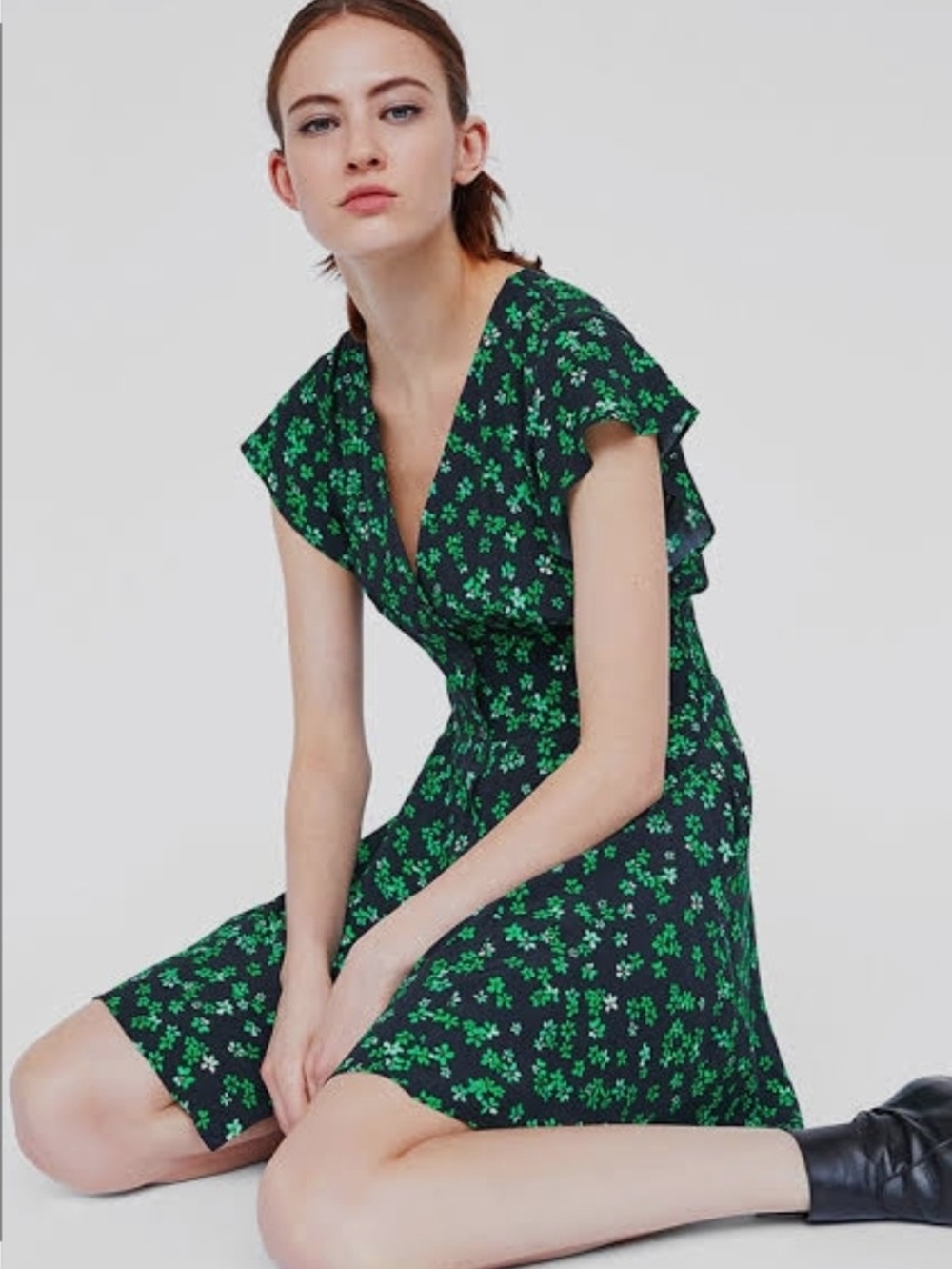 Zara Black Midi Dress with Bright Green Floral Print